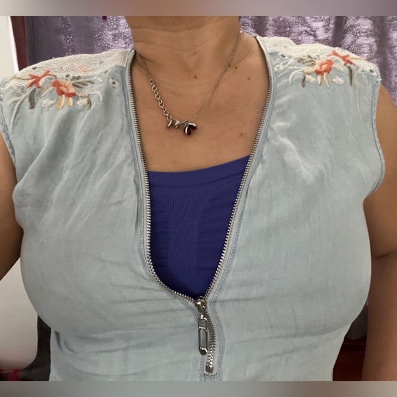 Embroidered Mesh Zip Up Short Chambray Romper Stretch Tie Up Pocket Denim Kawaii - Picture 2 of 10